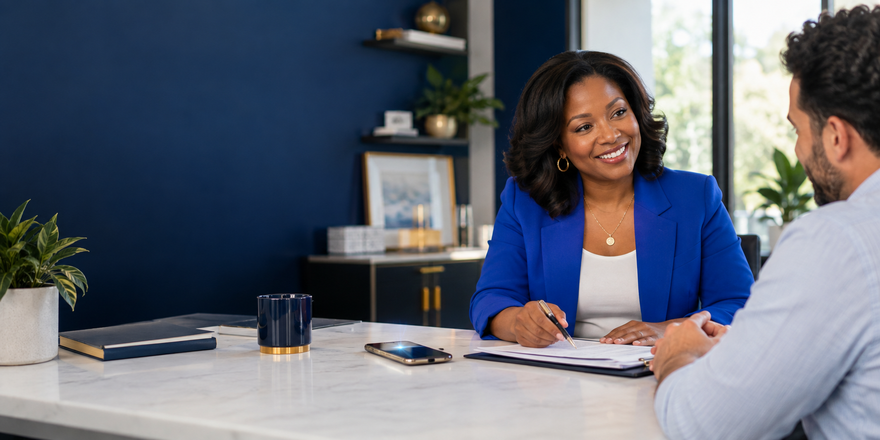 A business owner confidently helping a client while incoming calls are handled